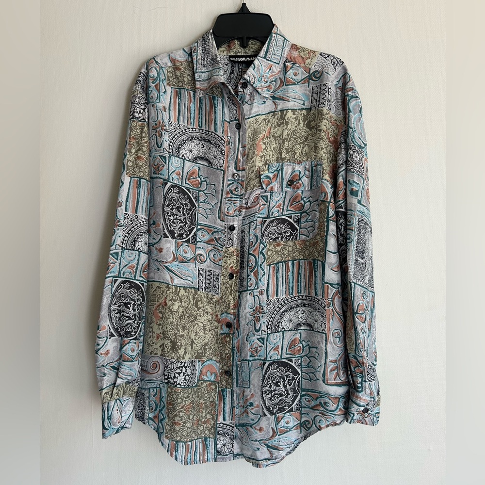 VINTAGE DIANE GILMAN 90s Silk Tapestry Button Top Oversized Lagenlook Art Wear M - Picture 4 of 13